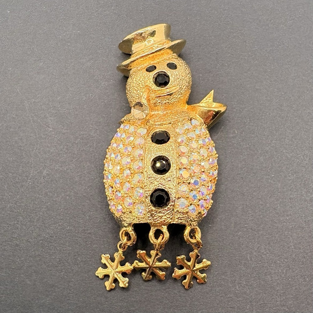 Vintage Kirks Folly Snowman Brooch AB Crystals Dangles Gold Tone Winter Holiday‎